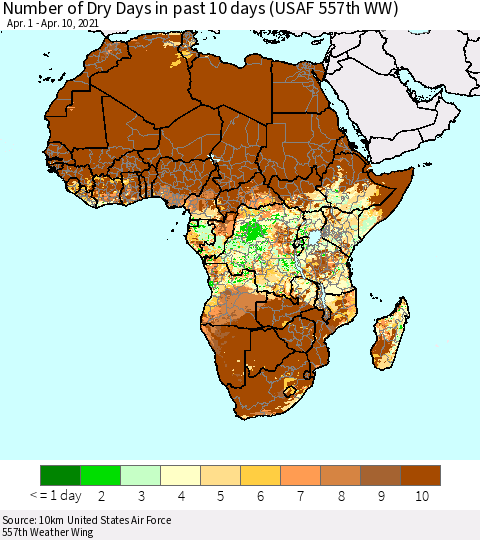 Africa Number of Dry Days in past 10 days (USAF 557th WW) Thematic Map For 4/6/2021 - 4/10/2021