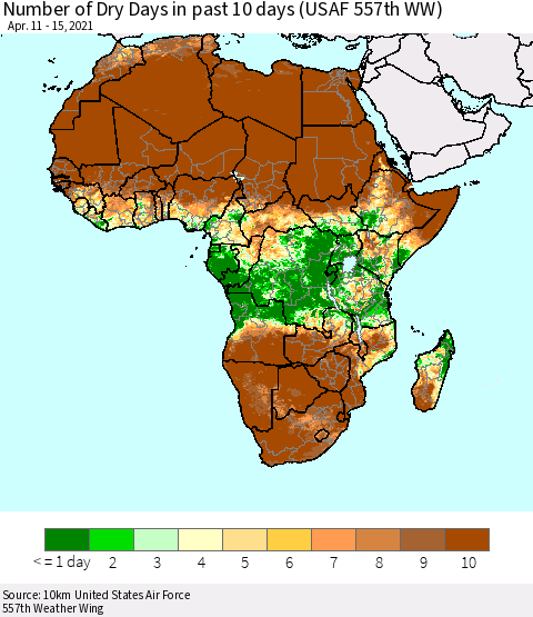 Africa Number of Dry Days in past 10 days (USAF 557th WW) Thematic Map For 4/11/2021 - 4/15/2021