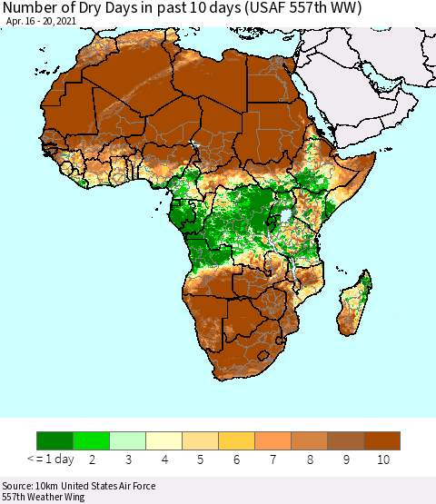 Africa Number of Dry Days in past 10 days (USAF 557th WW) Thematic Map For 4/16/2021 - 4/20/2021
