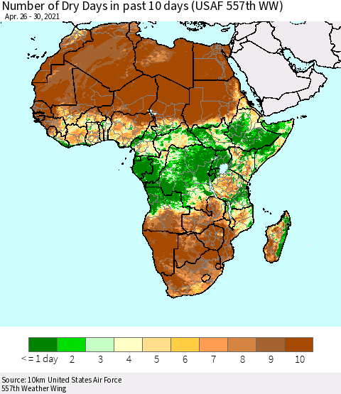 Africa Number of Dry Days in past 10 days (USAF 557th WW) Thematic Map For 4/26/2021 - 4/30/2021
