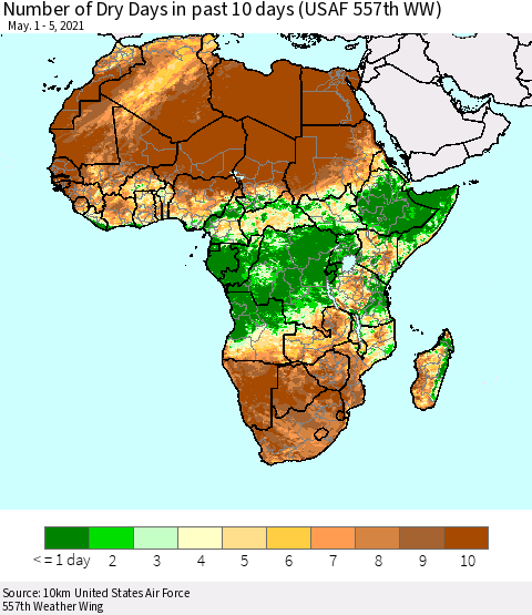 Africa Number of Dry Days in past 10 days (USAF 557th WW) Thematic Map For 5/1/2021 - 5/5/2021