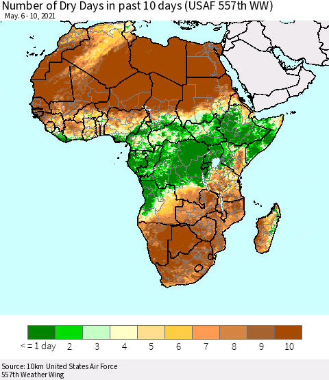 Africa Number of Dry Days in past 10 days (USAF 557th WW) Thematic Map For 5/6/2021 - 5/10/2021