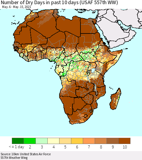 Africa Number of Dry Days in past 10 days (USAF 557th WW) Thematic Map For 5/11/2021 - 5/15/2021
