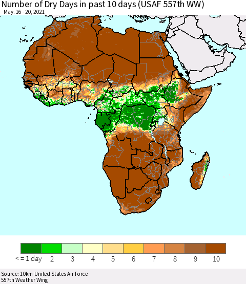 Africa Number of Dry Days in past 10 days (USAF 557th WW) Thematic Map For 5/16/2021 - 5/20/2021