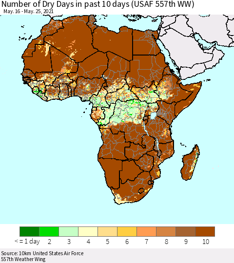 Africa Number of Dry Days in past 10 days (USAF 557th WW) Thematic Map For 5/21/2021 - 5/25/2021