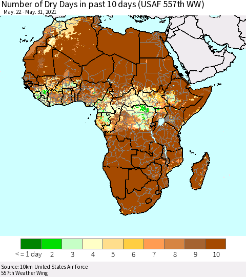 Africa Number of Dry Days in past 10 days (USAF 557th WW) Thematic Map For 5/26/2021 - 5/31/2021