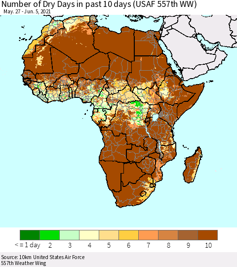 Africa Number of Dry Days in past 10 days (USAF 557th WW) Thematic Map For 6/1/2021 - 6/5/2021