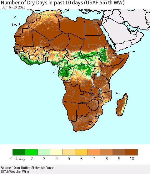 Africa Number of Dry Days in past 10 days (USAF 557th WW) Thematic Map For 6/6/2021 - 6/10/2021