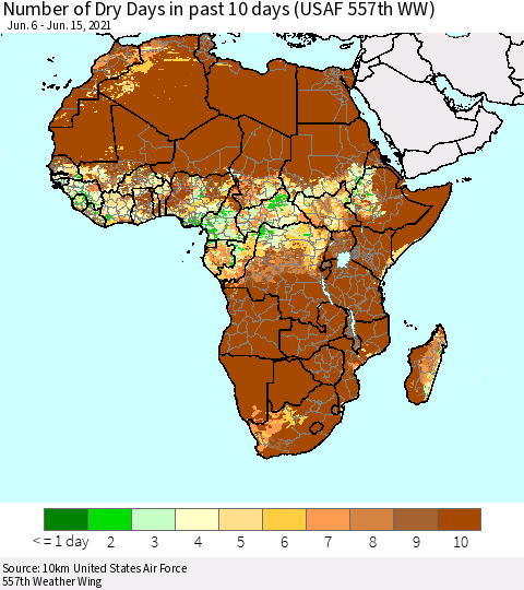 Africa Number of Dry Days in past 10 days (USAF 557th WW) Thematic Map For 6/11/2021 - 6/15/2021