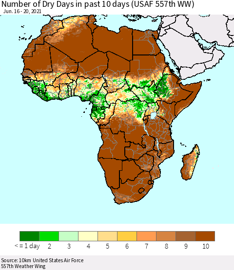 Africa Number of Dry Days in past 10 days (USAF 557th WW) Thematic Map For 6/16/2021 - 6/20/2021