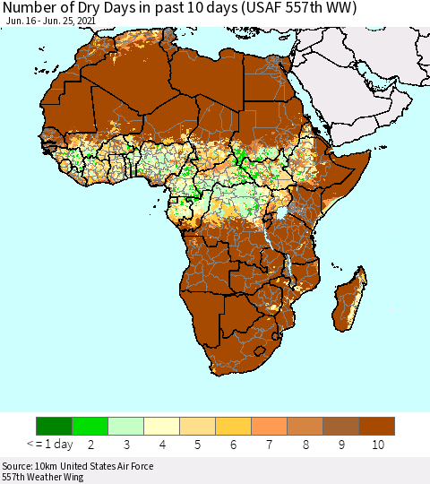 Africa Number of Dry Days in past 10 days (USAF 557th WW) Thematic Map For 6/21/2021 - 6/25/2021