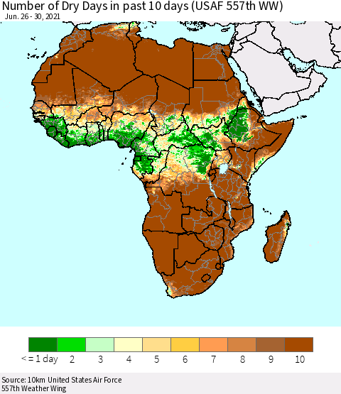 Africa Number of Dry Days in past 10 days (USAF 557th WW) Thematic Map For 6/26/2021 - 6/30/2021