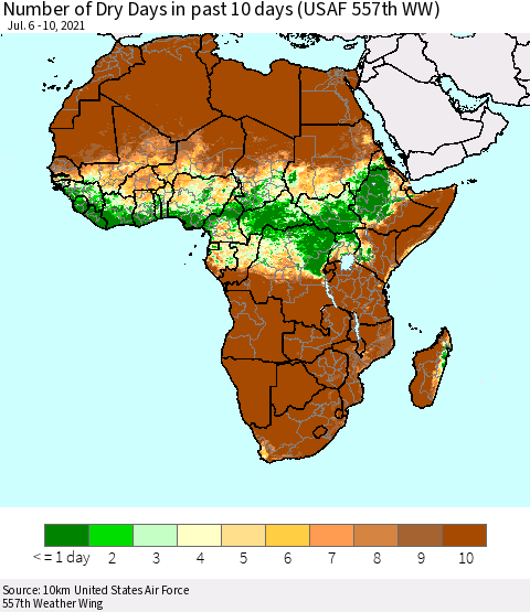 Africa Number of Dry Days in past 10 days (USAF 557th WW) Thematic Map For 7/6/2021 - 7/10/2021