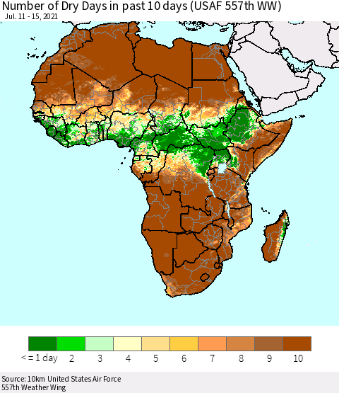 Africa Number of Dry Days in past 10 days (USAF 557th WW) Thematic Map For 7/11/2021 - 7/15/2021