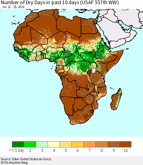 Africa Number of Dry Days in past 10 days (USAF 557th WW) Thematic Map For 7/21/2021 - 7/25/2021