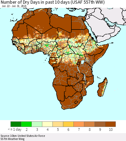 Africa Number of Dry Days in past 10 days (USAF 557th WW) Thematic Map For 7/26/2021 - 7/31/2021