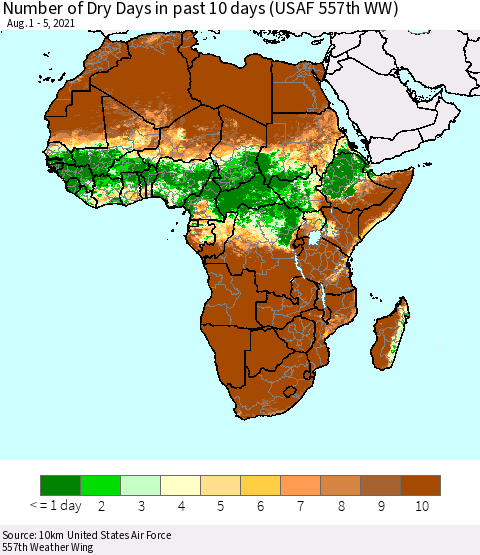 Africa Number of Dry Days in past 10 days (USAF 557th WW) Thematic Map For 8/1/2021 - 8/5/2021