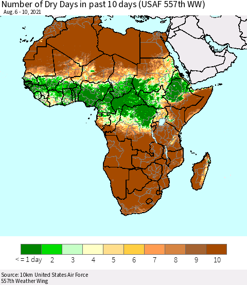 Africa Number of Dry Days in past 10 days (USAF 557th WW) Thematic Map For 8/6/2021 - 8/10/2021