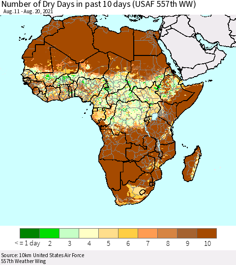 Africa Number of Dry Days in past 10 days (USAF 557th WW) Thematic Map For 8/16/2021 - 8/20/2021