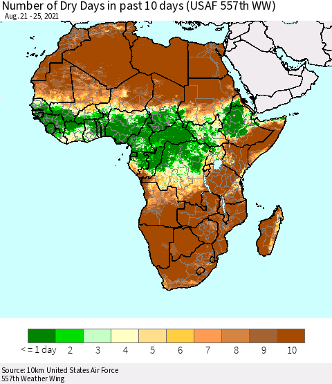 Africa Number of Dry Days in past 10 days (USAF 557th WW) Thematic Map For 8/21/2021 - 8/25/2021