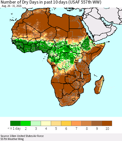 Africa Number of Dry Days in past 10 days (USAF 557th WW) Thematic Map For 8/26/2021 - 8/31/2021