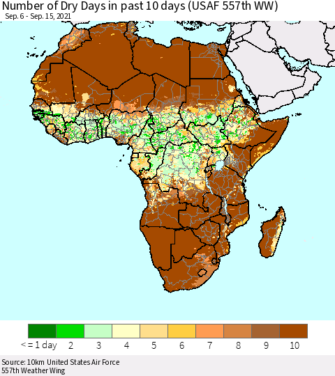 Africa Number of Dry Days in past 10 days (USAF 557th WW) Thematic Map For 9/11/2021 - 9/15/2021