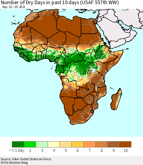 Africa Number of Dry Days in past 10 days (USAF 557th WW) Thematic Map For 9/16/2021 - 9/20/2021