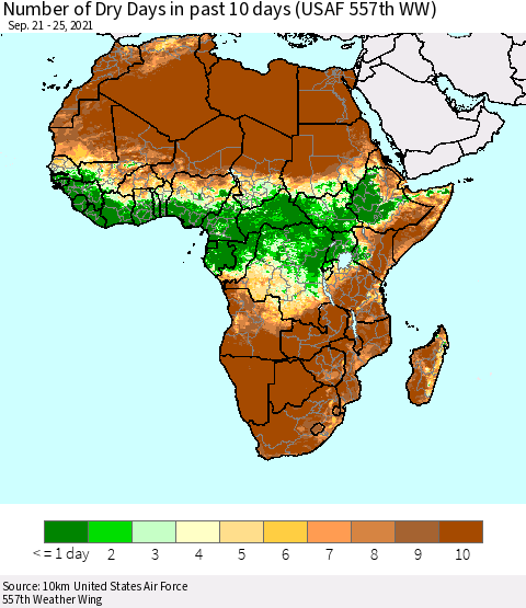 Africa Number of Dry Days in past 10 days (USAF 557th WW) Thematic Map For 9/21/2021 - 9/25/2021