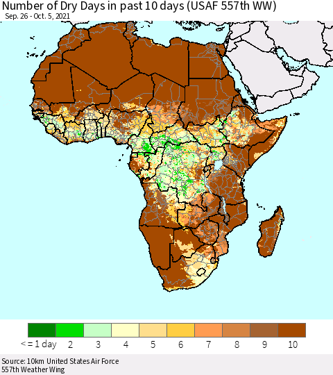 Africa Number of Dry Days in past 10 days (USAF 557th WW) Thematic Map For 10/1/2021 - 10/5/2021