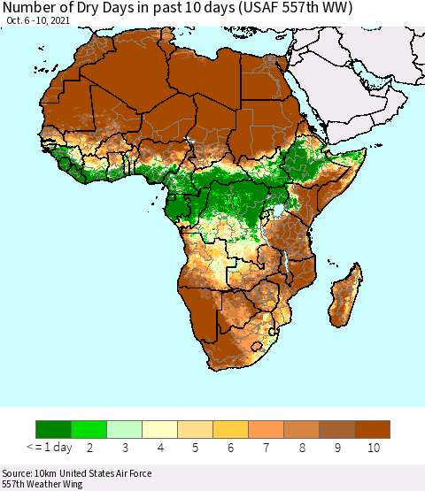 Africa Number of Dry Days in past 10 days (USAF 557th WW) Thematic Map For 10/6/2021 - 10/10/2021