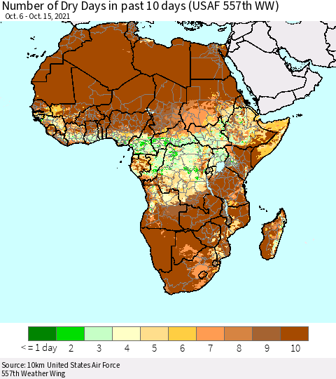 Africa Number of Dry Days in past 10 days (USAF 557th WW) Thematic Map For 10/11/2021 - 10/15/2021
