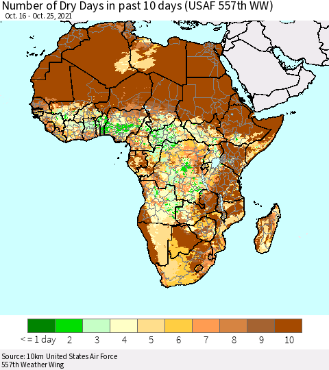 Africa Number of Dry Days in past 10 days (USAF 557th WW) Thematic Map For 10/21/2021 - 10/25/2021