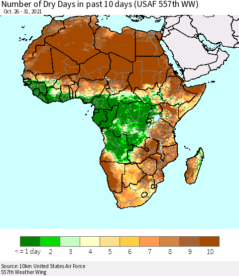 Africa Number of Dry Days in past 10 days (USAF 557th WW) Thematic Map For 10/26/2021 - 10/31/2021