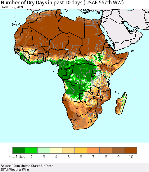 Africa Number of Dry Days in past 10 days (USAF 557th WW) Thematic Map For 11/1/2021 - 11/5/2021