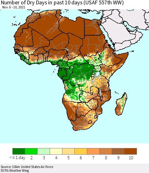 Africa Number of Dry Days in past 10 days (USAF 557th WW) Thematic Map For 11/6/2021 - 11/10/2021