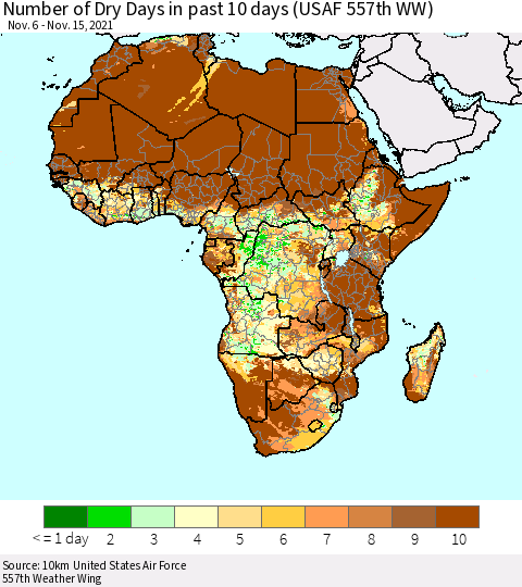 Africa Number of Dry Days in past 10 days (USAF 557th WW) Thematic Map For 11/11/2021 - 11/15/2021