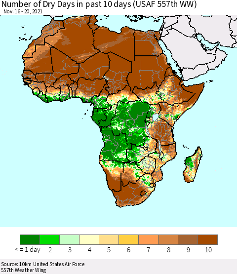Africa Number of Dry Days in past 10 days (USAF 557th WW) Thematic Map For 11/16/2021 - 11/20/2021