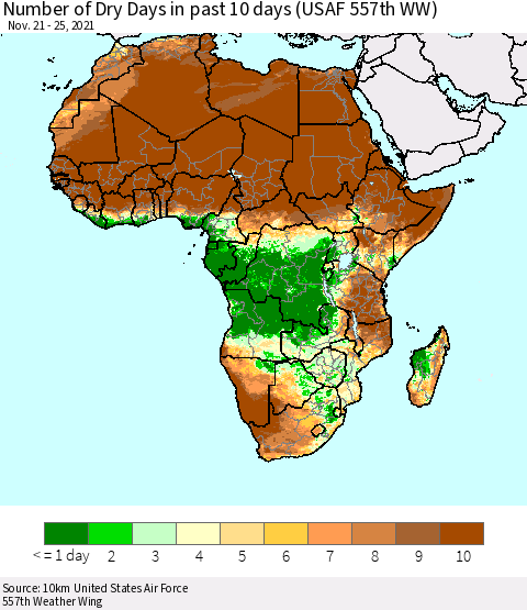 Africa Number of Dry Days in past 10 days (USAF 557th WW) Thematic Map For 11/21/2021 - 11/25/2021