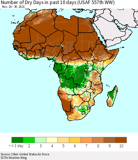 Africa Number of Dry Days in past 10 days (USAF 557th WW) Thematic Map For 11/26/2021 - 11/30/2021
