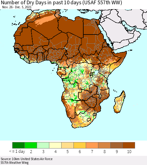 Africa Number of Dry Days in past 10 days (USAF 557th WW) Thematic Map For 12/1/2021 - 12/5/2021