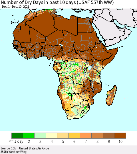 Africa Number of Dry Days in past 10 days (USAF 557th WW) Thematic Map For 12/6/2021 - 12/10/2021