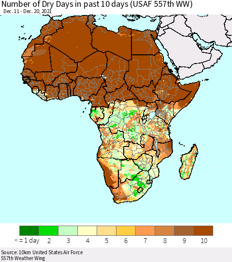 Africa Number of Dry Days in past 10 days (USAF 557th WW) Thematic Map For 12/16/2021 - 12/20/2021