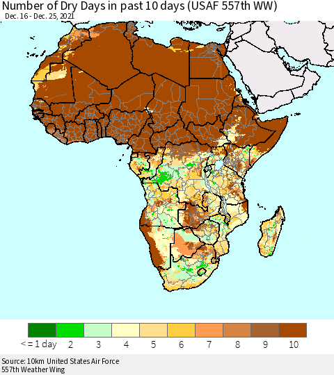 Africa Number of Dry Days in past 10 days (USAF 557th WW) Thematic Map For 12/21/2021 - 12/25/2021
