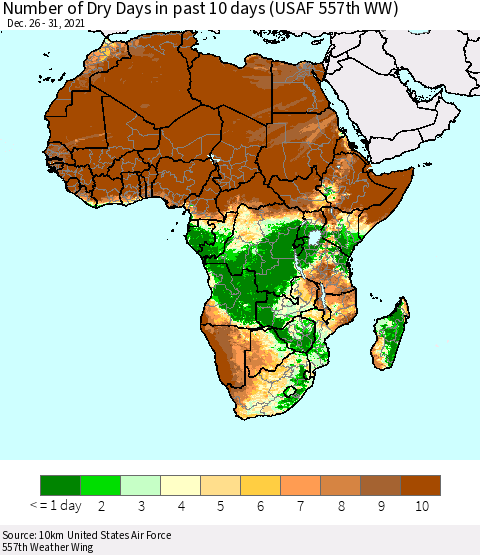 Africa Number of Dry Days in past 10 days (USAF 557th WW) Thematic Map For 12/26/2021 - 12/31/2021