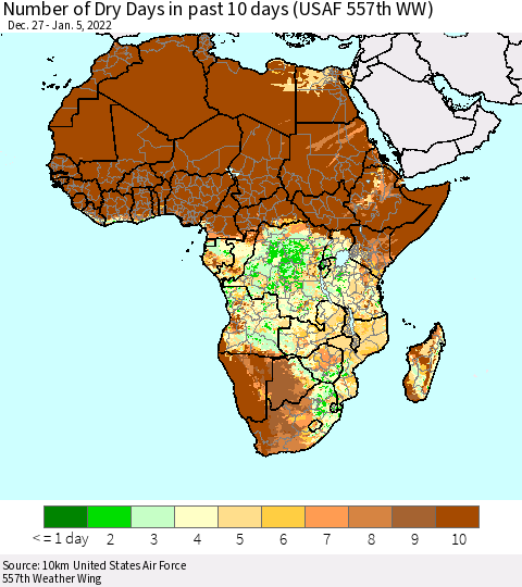 Africa Number of Dry Days in past 10 days (USAF 557th WW) Thematic Map For 1/1/2022 - 1/5/2022
