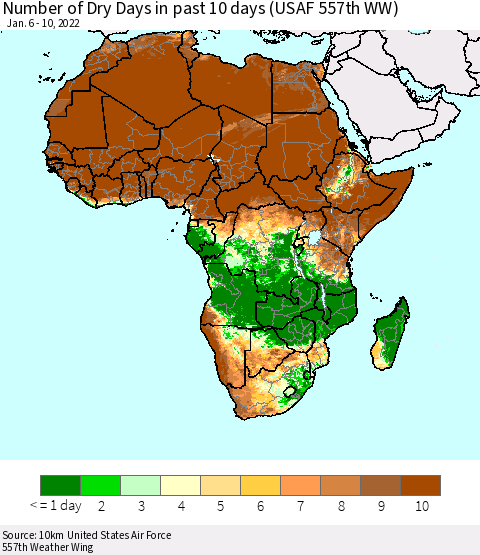 Africa Number of Dry Days in past 10 days (USAF 557th WW) Thematic Map For 1/6/2022 - 1/10/2022