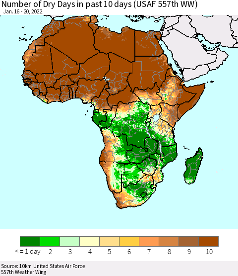 Africa Number of Dry Days in past 10 days (USAF 557th WW) Thematic Map For 1/16/2022 - 1/20/2022