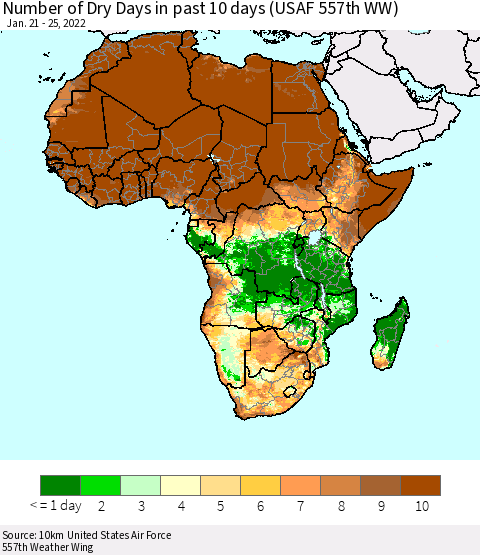 Africa Number of Dry Days in past 10 days (USAF 557th WW) Thematic Map For 1/21/2022 - 1/25/2022