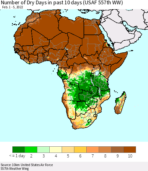Africa Number of Dry Days in past 10 days (USAF 557th WW) Thematic Map For 2/1/2022 - 2/5/2022