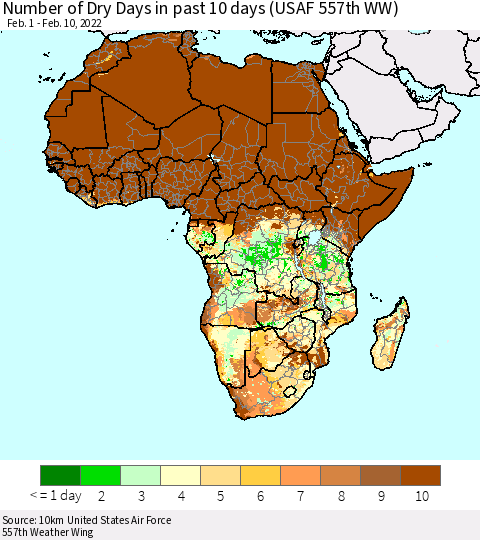 Africa Number of Dry Days in past 10 days (USAF 557th WW) Thematic Map For 2/6/2022 - 2/10/2022